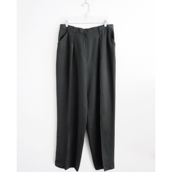 Vintage Pants - Vintage Minimalist Drab Olive Grey Silk Pants XL